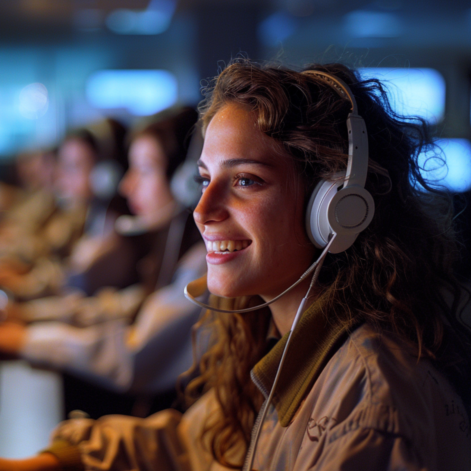 Customer service representatives big smile at computers in a high-tech call center, supportive, efficient, modern, bright